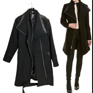 Vince Camuto Women's Belted Asymmetrical Zip PU Trim Wool Overcoat